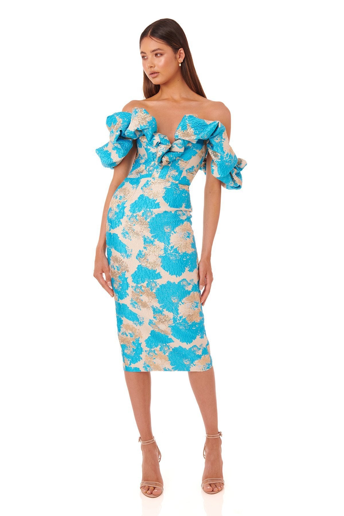 ROBE JACQUARD EPAULES OUVERTES