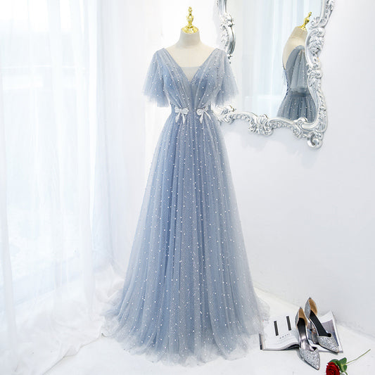 ROBE DE SOIRÉE PRINCESSE PERLÉE PAILLETÉE BLEU CLAIR