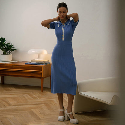 ROBE TRICOT MI-LONGUE COL POLO