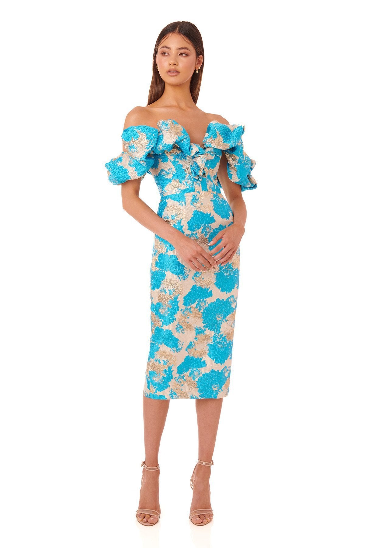 ROBE JACQUARD EPAULES OUVERTES