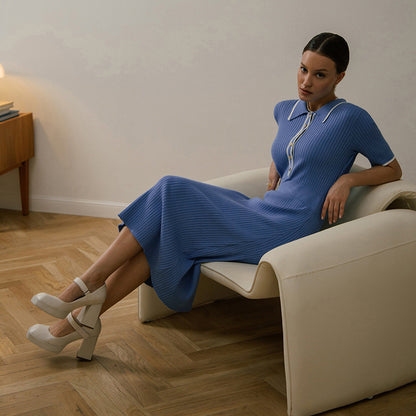 ROBE TRICOT MI-LONGUE COL POLO