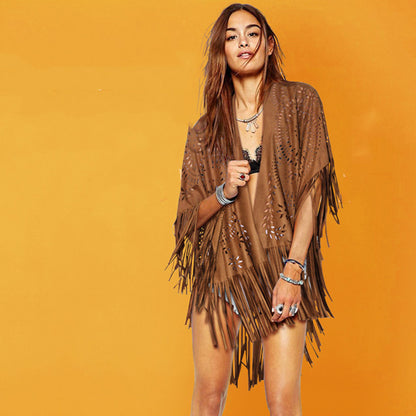 PONCHO À FRANGES EN DAIM