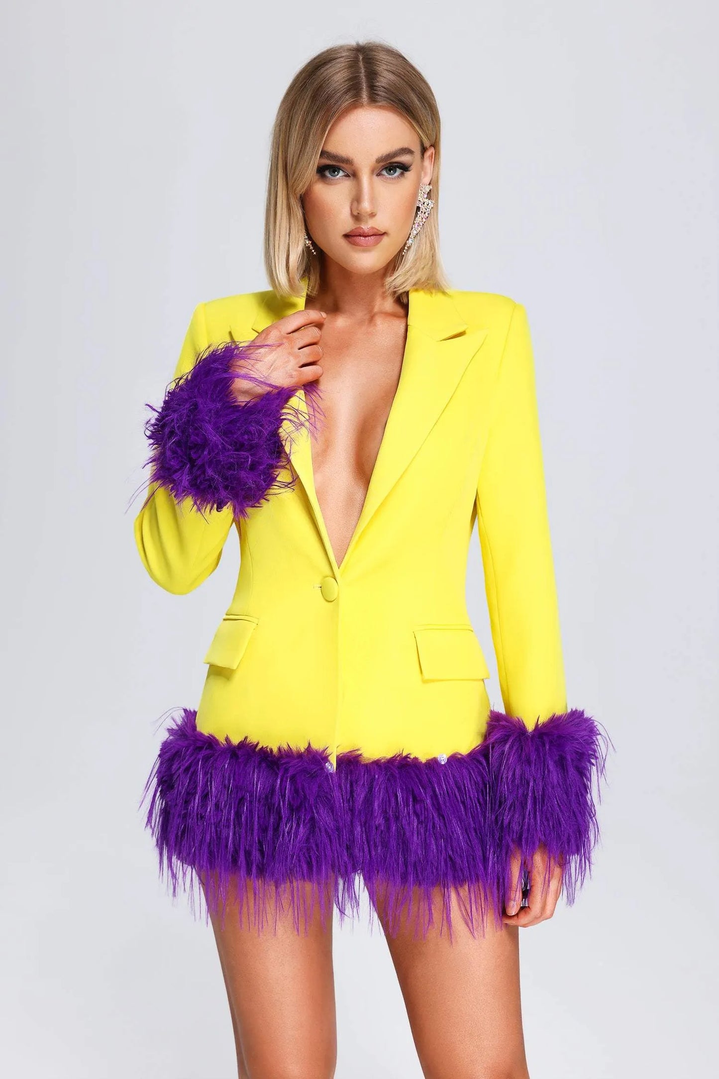 BLAZER JAUNE DÉTAILS PLUMES VIOLET