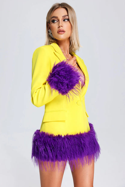 BLAZER JAUNE DÉTAILS PLUMES VIOLET