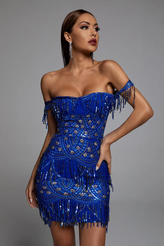 ROBE DE SOIRÉE BLEU À FRANGES