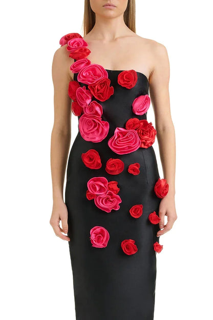 ROBE BANDAGE À FLEURS ROSES UNE ÉPAULE DÉNUDÉE