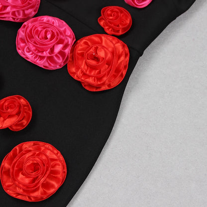 ROBE BANDAGE À FLEURS ROSES UNE ÉPAULE DÉNUDÉE