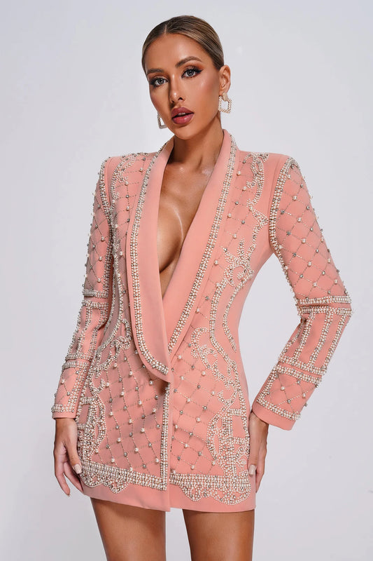 BLAZER ROSE CLAIR ORNÉE DE PERLES