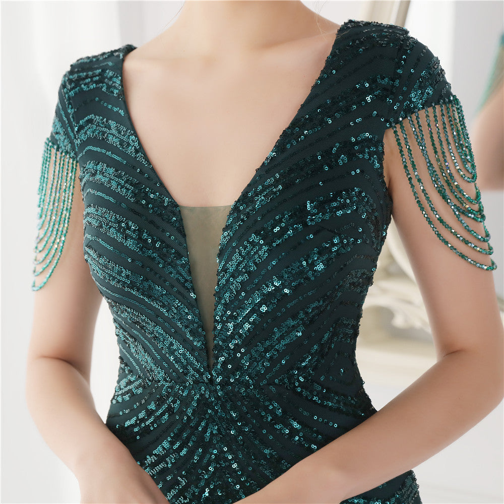 ROBE DE SOIRÉE SIRÈNE À SEQUINS À FRANGES PERLES